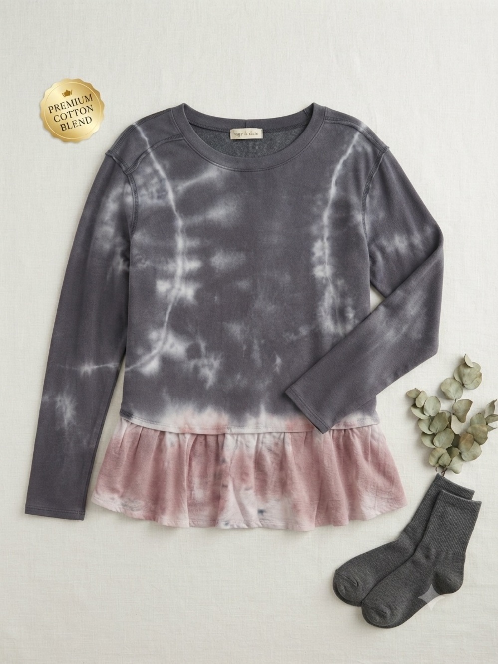 Altar'd State Long Sleeve Tie-Dye Peplum Top - Gray & Dusty Pink